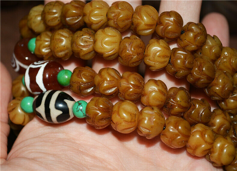 Real Tibetan Old Antique Kapala Bone Prayer Beads Mala Bracelet Rosary Himalayas 108 Buddhism Worry Necklace Amulet Lotus