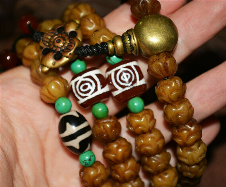 Real Tibetan Old Antique Kapala Bone Prayer Beads Mala Bracelet Rosary Himalayas 108 Buddhism Worry Necklace Amulet Lotus