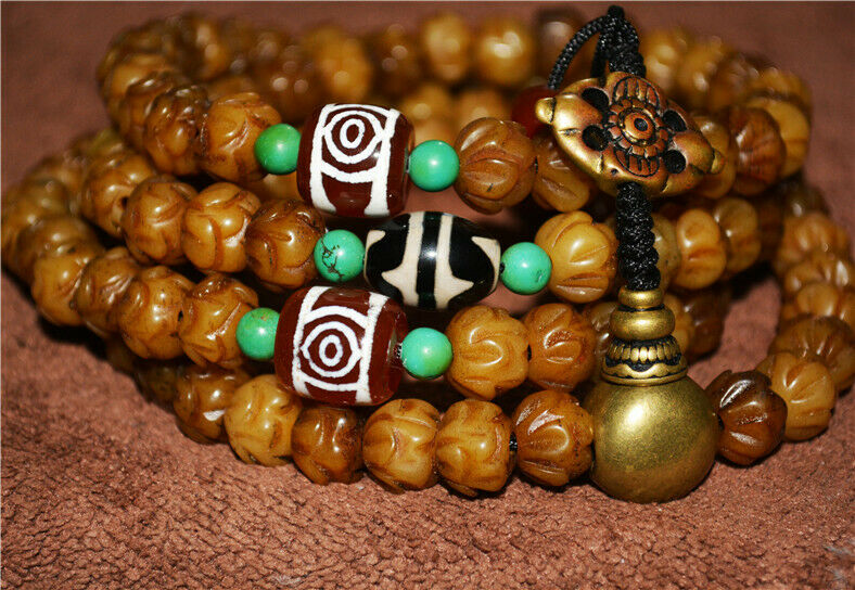 Real Tibetan Old Antique Kapala Bone Prayer Beads Mala Bracelet Rosary Himalayas 108 Buddhism Worry Necklace Amulet Lotus