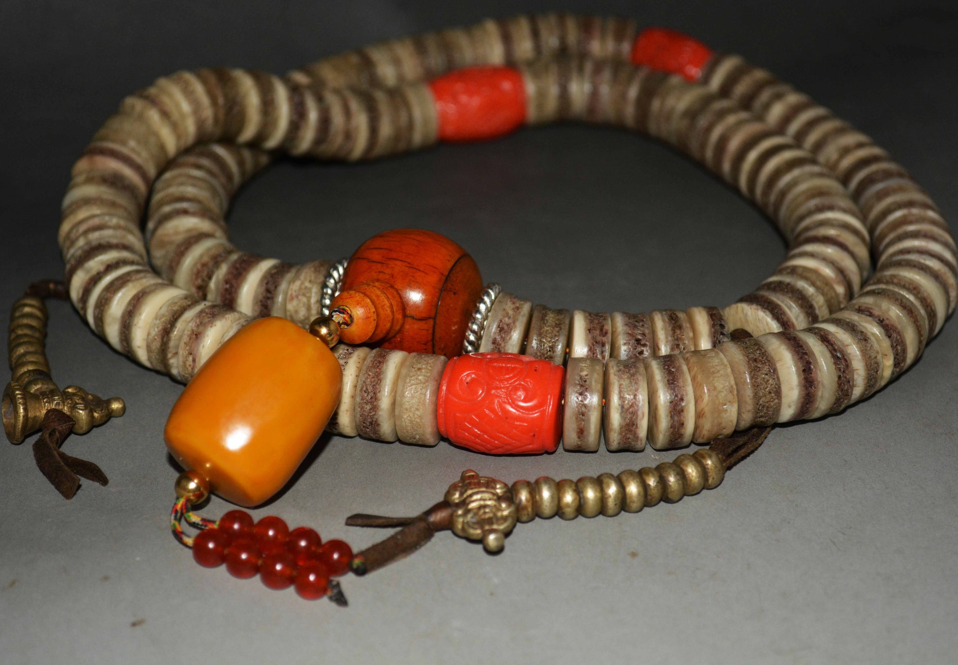 Real Tibetan Old Antique Kapala Bone Prayer Beads Mala Rosary Red Coral Himalayas 108 Butterscotch Egg Yolk Amber