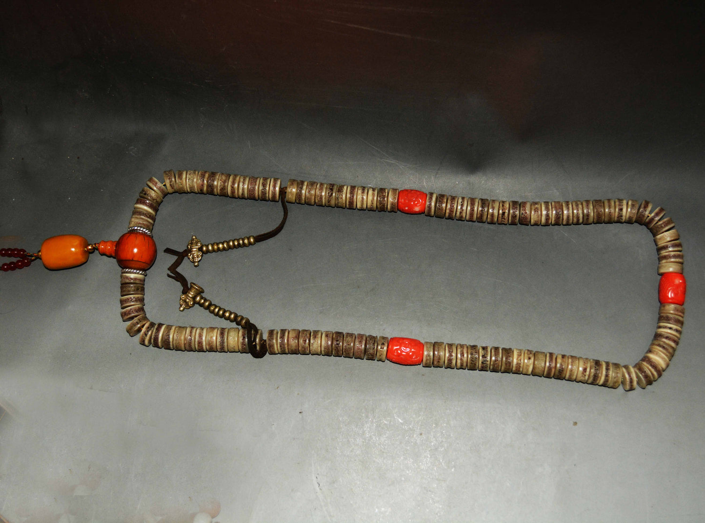 Real Tibetan Old Antique Kapala Bone Prayer Beads Mala Rosary Red Coral Himalayas 108 Butterscotch Egg Yolk Amber