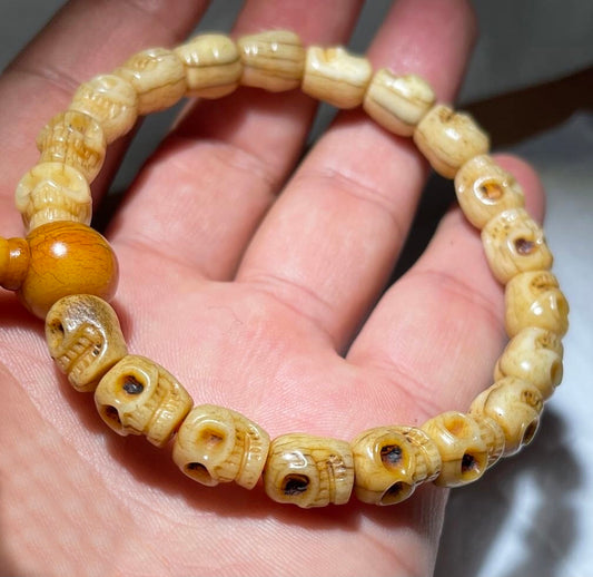 Real Tibetan Old Antique Kapala Bone Skull Bracelet Mala Prayer Beads Amulet Himalaya Genuine Shri Chitipati Buddha Rosary Talisman