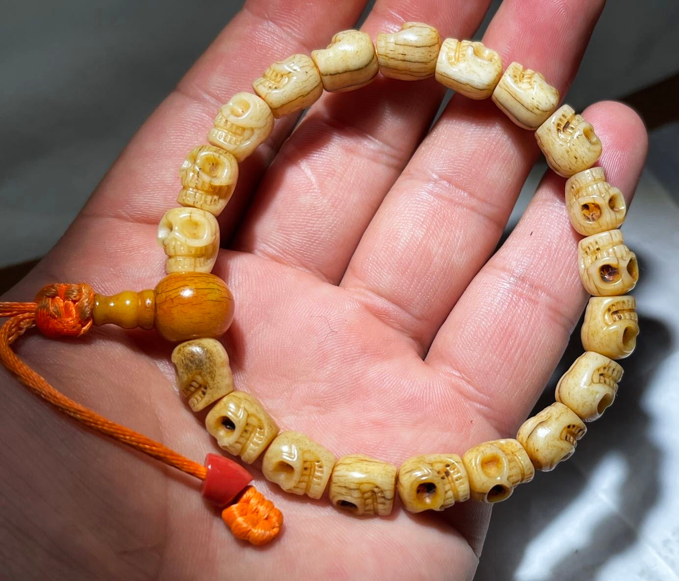 Real Tibetan Old Antique Kapala Bone Skull Bracelet Mala Prayer Beads Amulet Himalaya Genuine Shri Chitipati Buddha Rosary Talisman