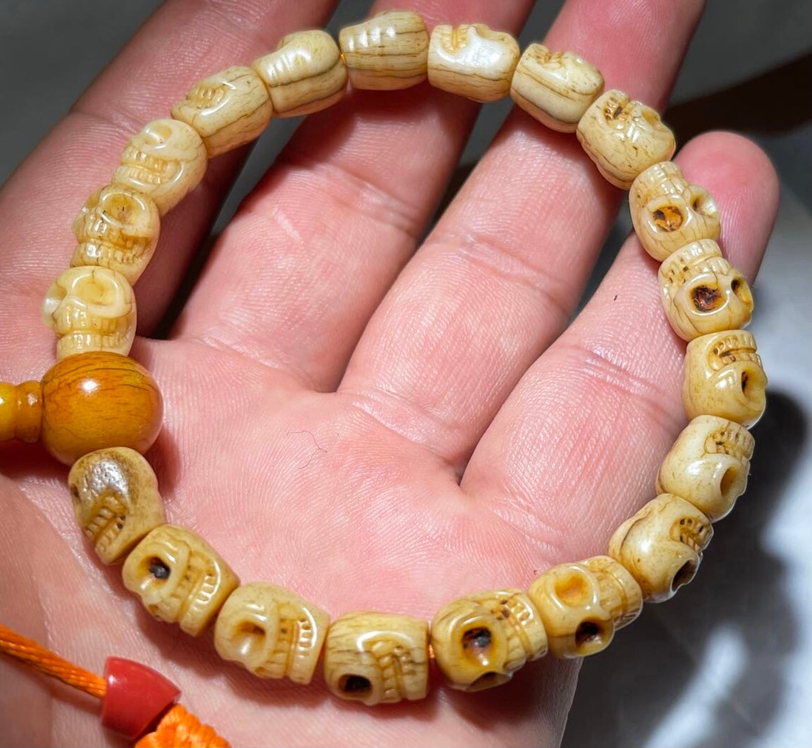 Real Tibetan Old Antique Kapala Bone Skull Bracelet Mala Prayer Beads Amulet Himalaya Genuine Shri Chitipati Buddha Rosary Talisman