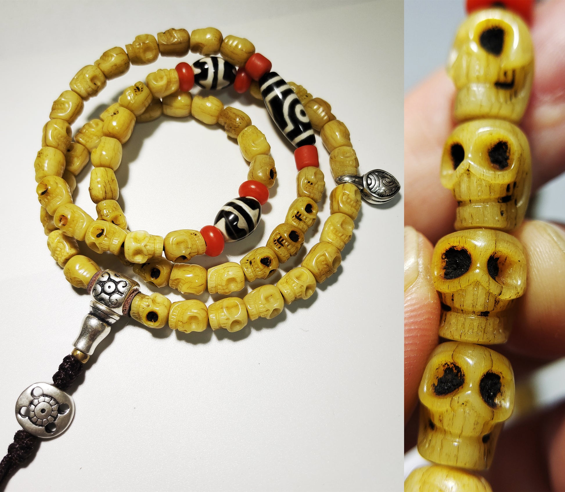 Tibetan Old Antique Real Kapala Bone Skull Mala Prayer Beads Bracelet Himalayan Rosary Genuine Buddhism Worry Necklace Amulet