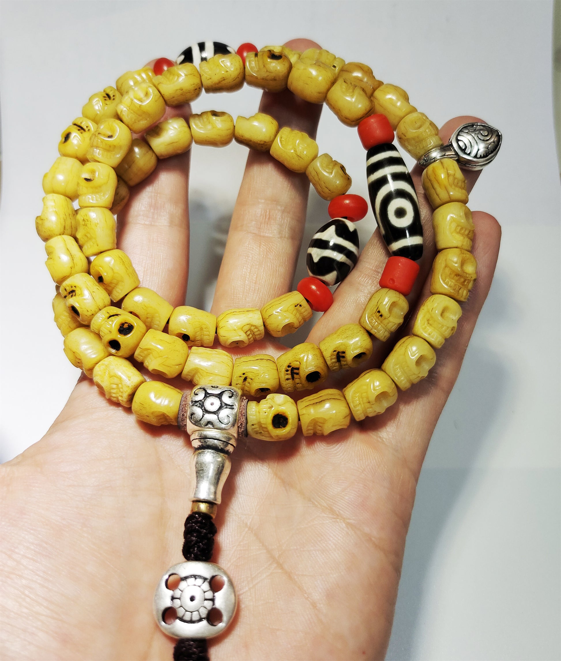 Tibetan Old Antique Real Kapala Bone Skull Mala Prayer Beads Bracelet Himalayan Rosary Genuine Buddhism Worry Necklace Amulet