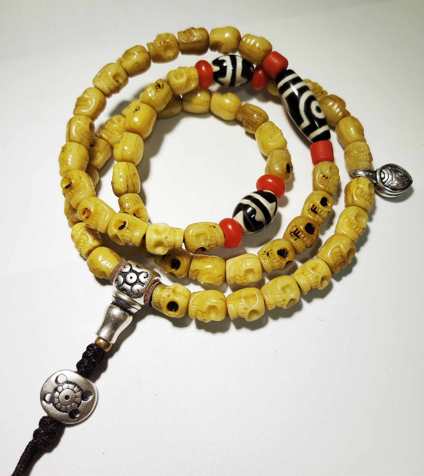 Tibetan Old Antique Real Kapala Bone Skull Mala Prayer Beads Bracelet Himalayan Rosary Genuine Buddhism Worry Necklace Amulet