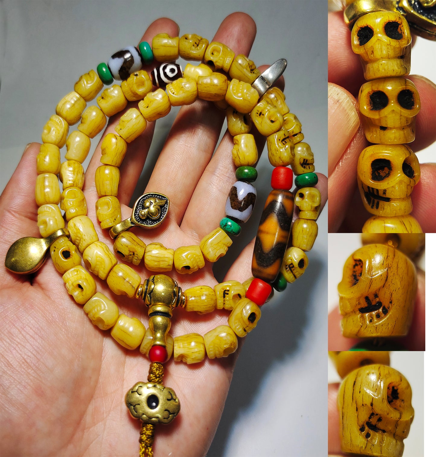 Real Tibetan Old Antique Kapala Bone Skull Mala Prayer Beads Bracelet Rosary Himalaya Genuine 108 Buddhism Worry Necklace Amulet