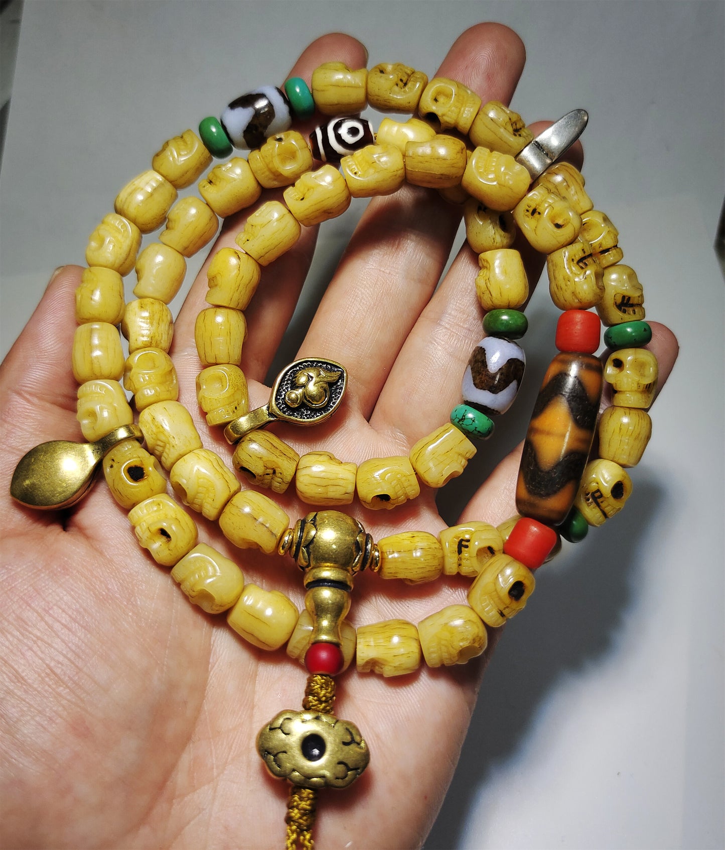 Real Tibetan Old Antique Kapala Bone Skull Mala Prayer Beads Bracelet Rosary Himalaya Genuine 108 Buddhism Worry Necklace Amulet