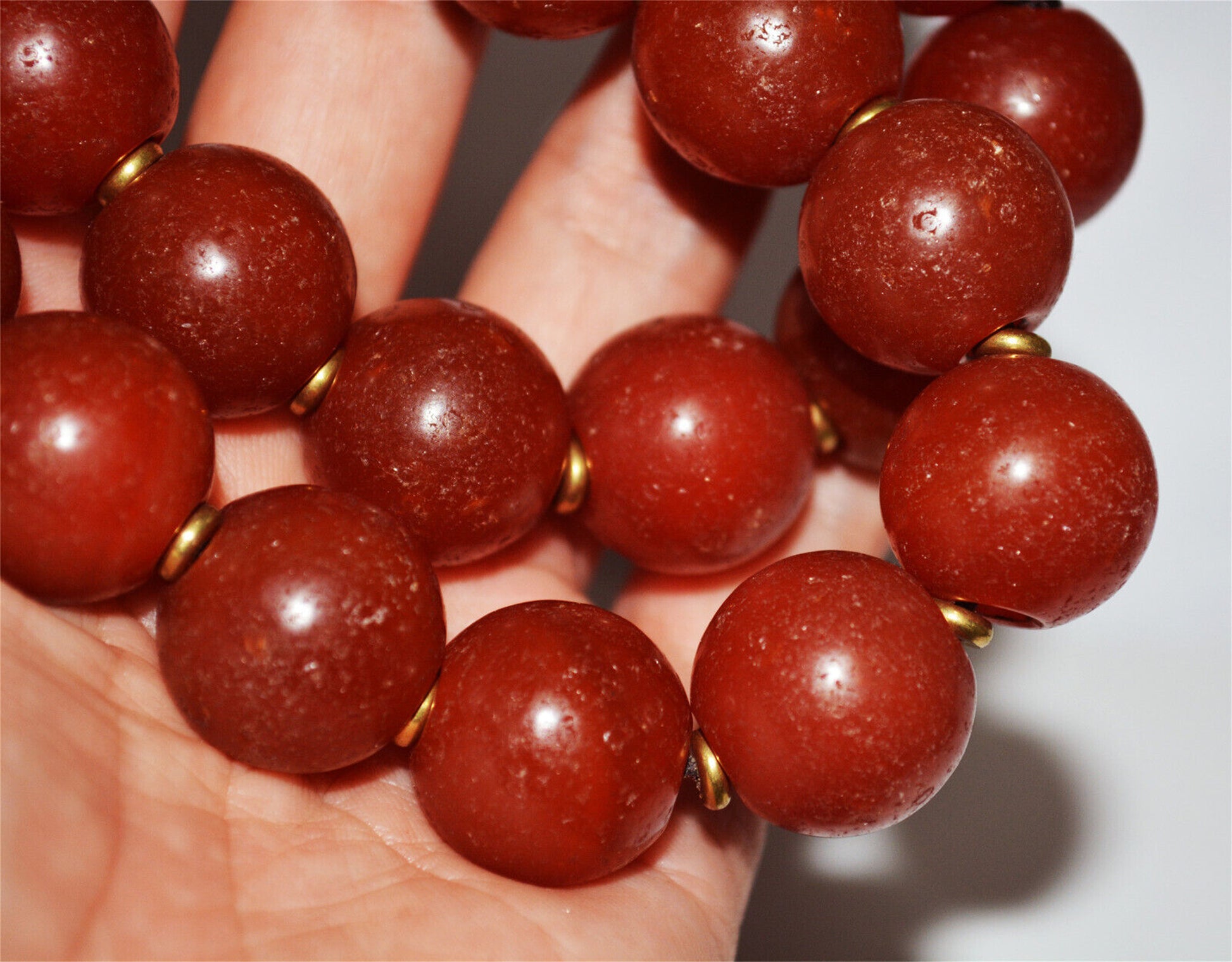 Real Tibetan Old Antique Pema Raka Agate Mala Prayer Beads Nanhong Carnelian Rosary Himalaya Genuine Worry Amulet 20mm