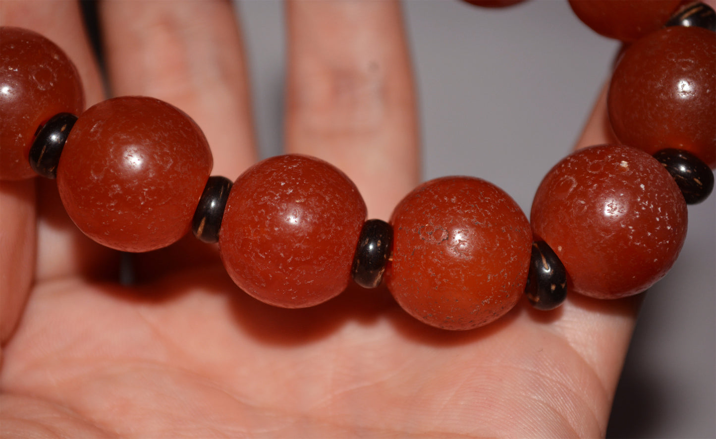 Real Tibetan Old Antique Pema Raka Agate Bracelet Mala Prayer Beads Nanhong Carnelian Rosary Himalaya Genuine Worry Amulet