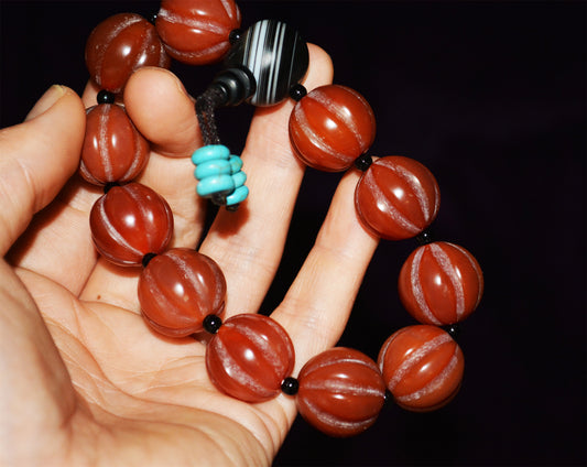 Real Tibetan Old Antique Pema Raka Agate Bracelet Melon Mala Prayer Beads Nanhong Carnelian Pumpkin Rosary Himalaya Genuine Worry Amulet