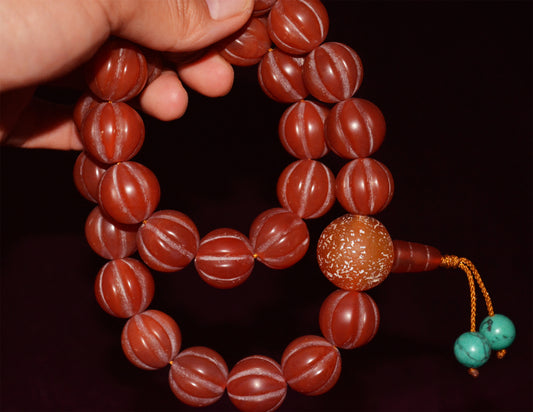 Real Tibetan Old Antique Pema Raka Agate Melon Bracelet Mala Prayer Beads Nanhong Carnelian Rosary Himalaya Genuine Worry Amulet