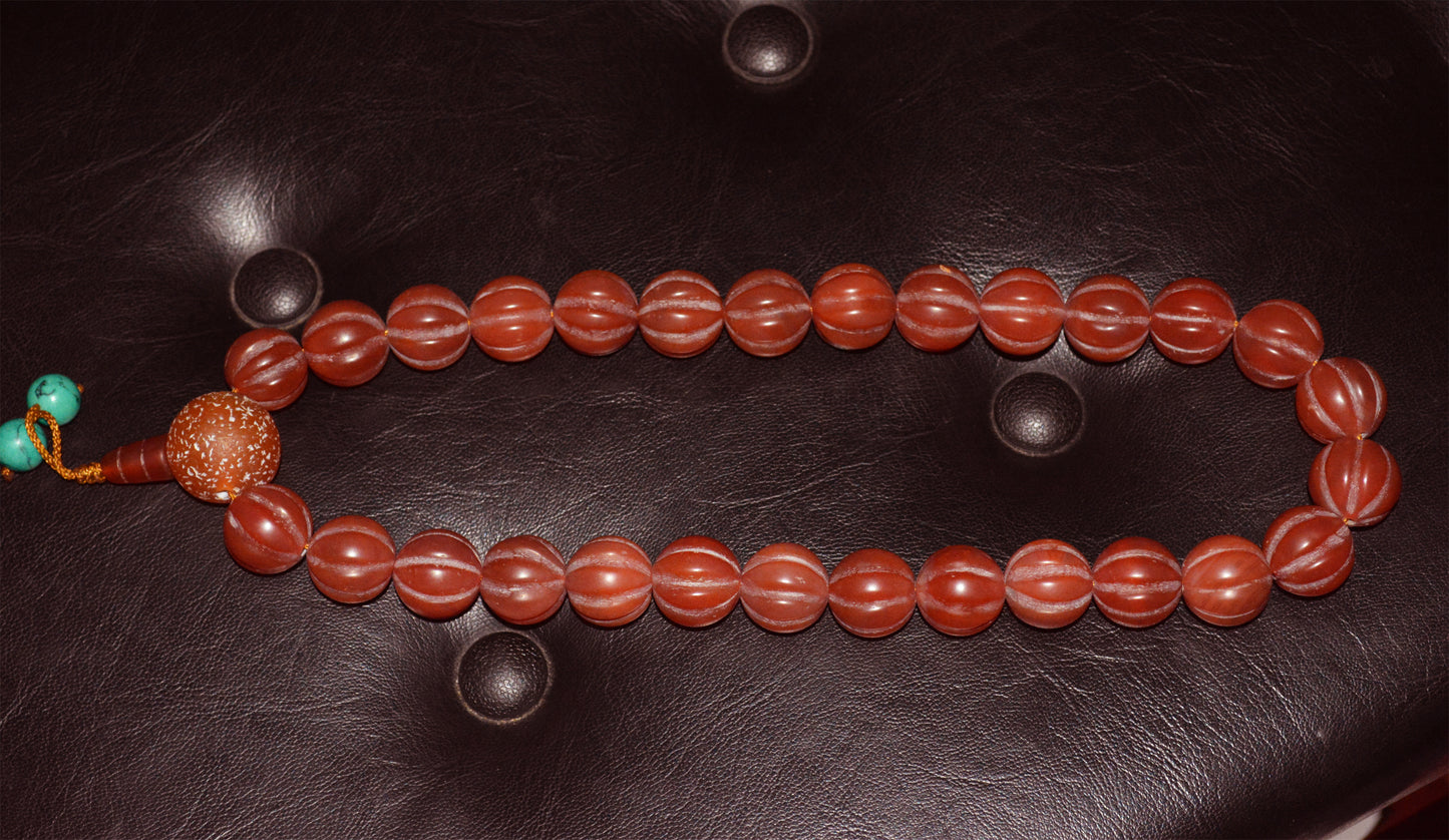 Real Tibetan Old Antique Pema Raka Agate Melon Bracelet Mala Prayer Beads Nanhong Carnelian Rosary Himalaya Genuine Worry Amulet