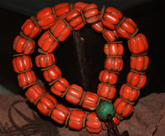 Real Tibetan Old Antique Red Coral Mala Prayer Beads Bracelet Himalayas Rosary Melon Pumpkin