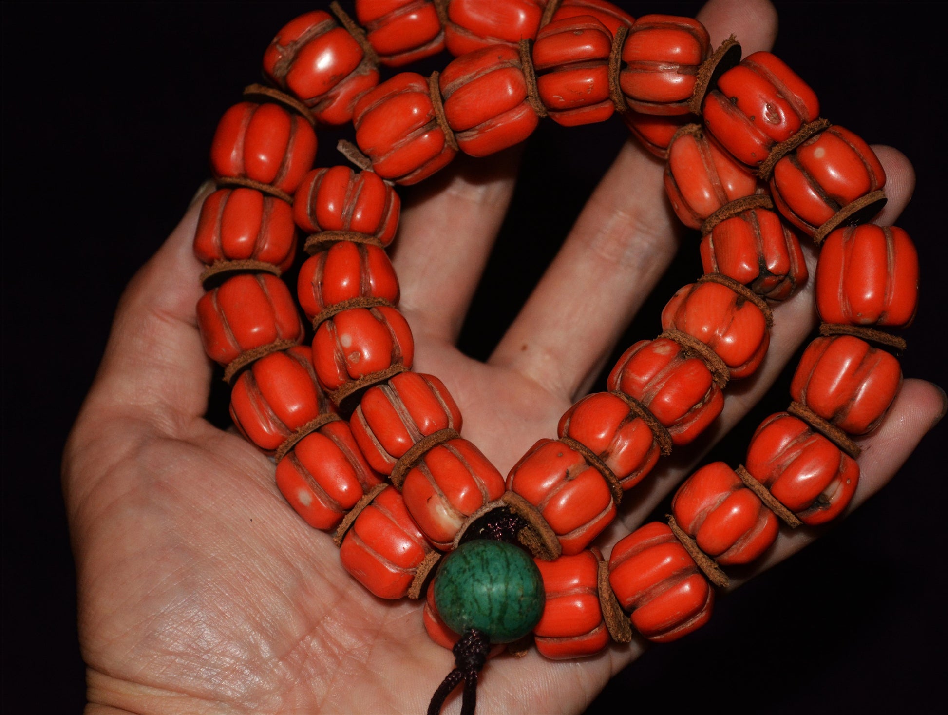 Real Tibetan Old Antique Red Coral Mala Prayer Beads Bracelet Himalayas Rosary Melon Pumpkin