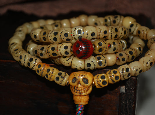 Real Tibetan Old Antique Skull Prayer Beads Bracelet Kapala Bone Mala Rosary Himalayan Genuine 108 Buddhism Worry Necklace Amulet