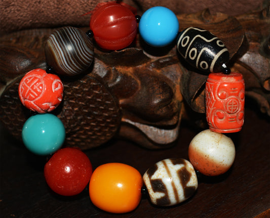 Real Tibetan Old Ancient Red Coral Bracelet Crystal Turquoise Amber Pema Raka Nanhong Agate Nine Eyes Dzi Bead Mala Prayer Beads西藏千年至纯多宝手串九眼天珠红珊瑚绿松石蜜蜡南红药师珠手链喜马拉雅藏传