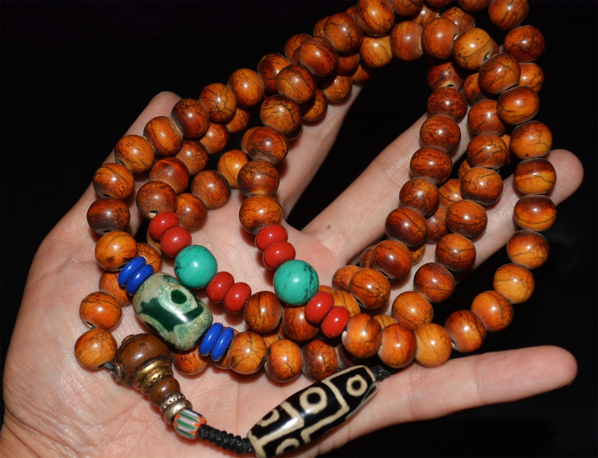 Real Tibetan Old Antique Yak Bone Mala Prayer Beads Bracelet Amulet 108 Himalaya Rosary Nine Eyes Dzi