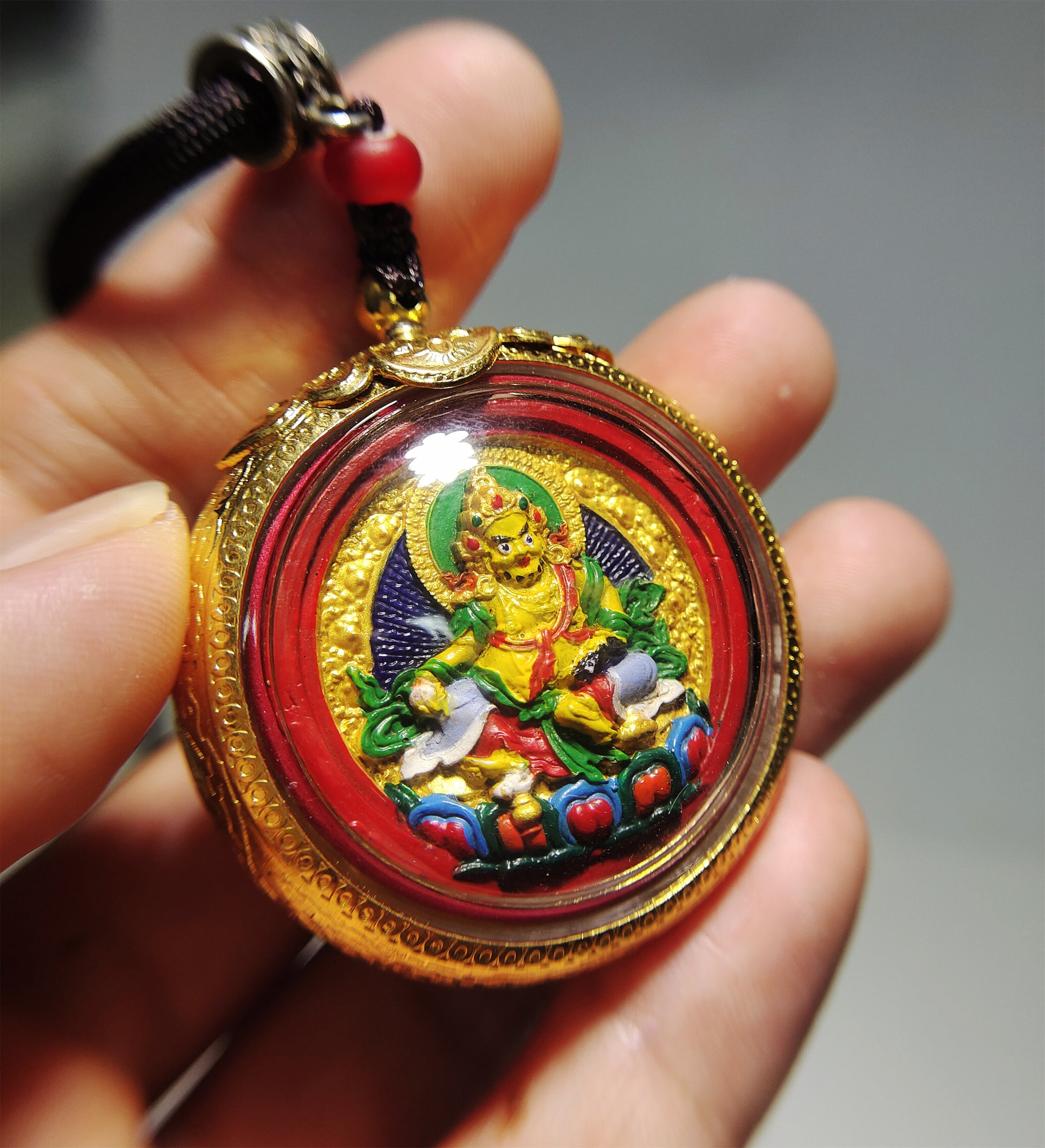 Real Tibetan Old Antique Yellow Jambhala Tsa Tsa Gau Box Prayer Ghau Niche Pendant Shrine Himalayan Copper Amulet Genuine Talisman Tsha Tsha