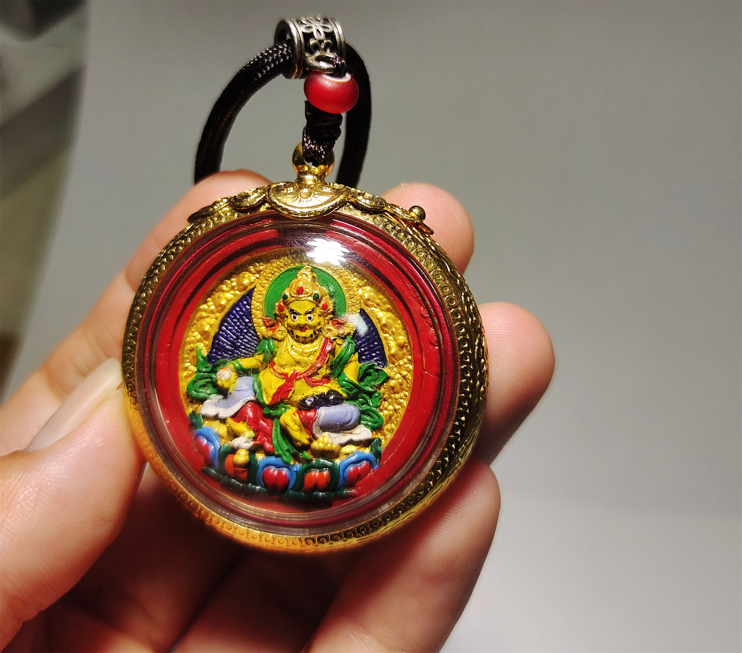 Real Tibetan Old Antique Yellow Jambhala Tsa Tsa Gau Box Prayer Ghau Niche Pendant Shrine Himalayan Copper Amulet Genuine Talisman Tsha Tsha