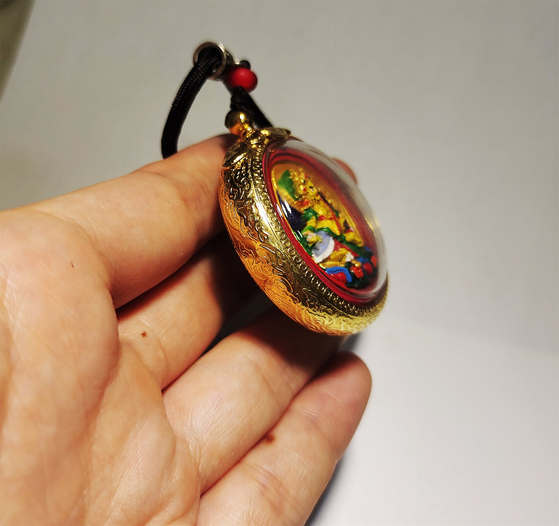 Real Tibetan Old Antique Yellow Jambhala Tsa Tsa Gau Box Prayer Ghau Niche Pendant Shrine Himalayan Copper Amulet Genuine Talisman Tsha Tsha