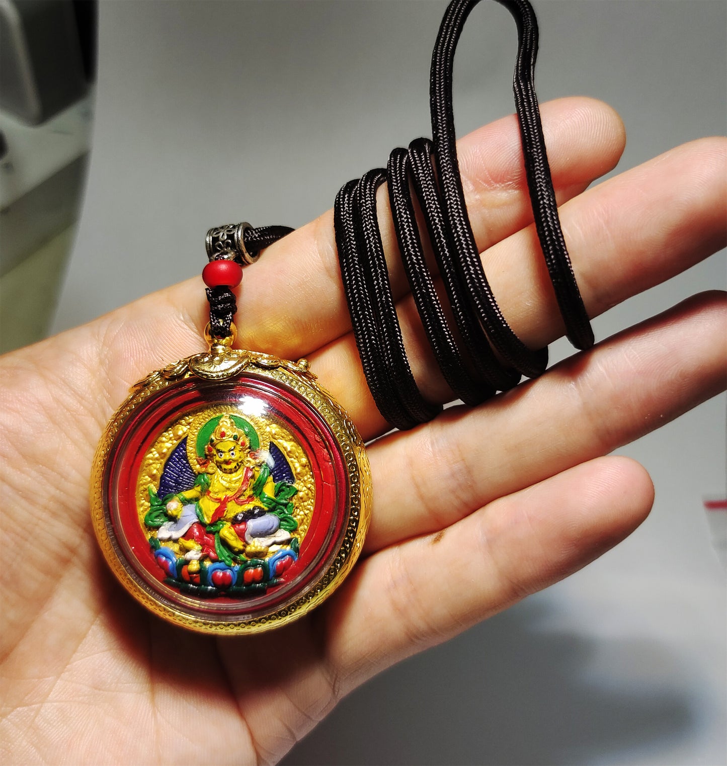 Real Tibetan Old Antique Yellow Jambhala Tsa Tsa Gau Box Prayer Ghau Niche Pendant Shrine Himalayan Copper Amulet Genuine Talisman Tsha Tsha