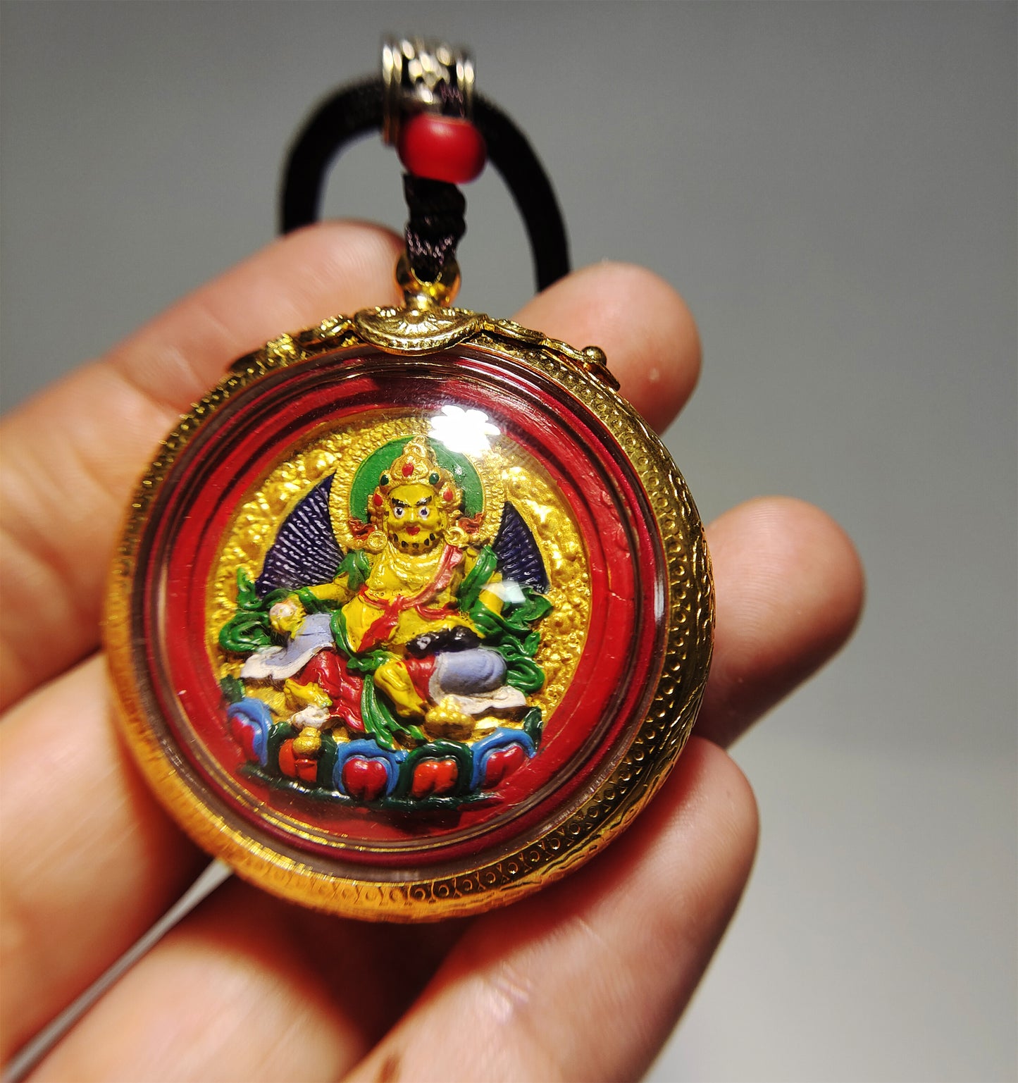 Real Tibetan Old Antique Yellow Jambhala Tsa Tsa Gau Box Prayer Ghau Niche Pendant Shrine Himalayan Copper Amulet Genuine Talisman Tsha Tsha