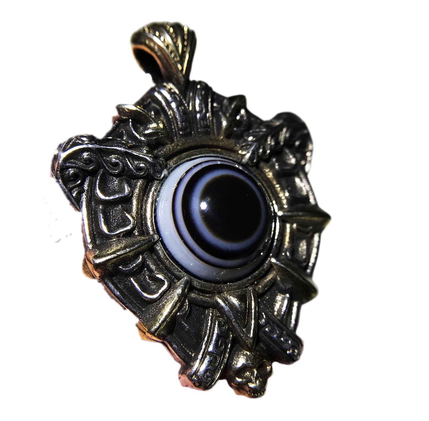 Real Tibetan Old Luk Mik Eye Dzi Bead Pendant Himalaya Agate Goat Horse Genuine Antique Banded LukMik Gzi Talisman