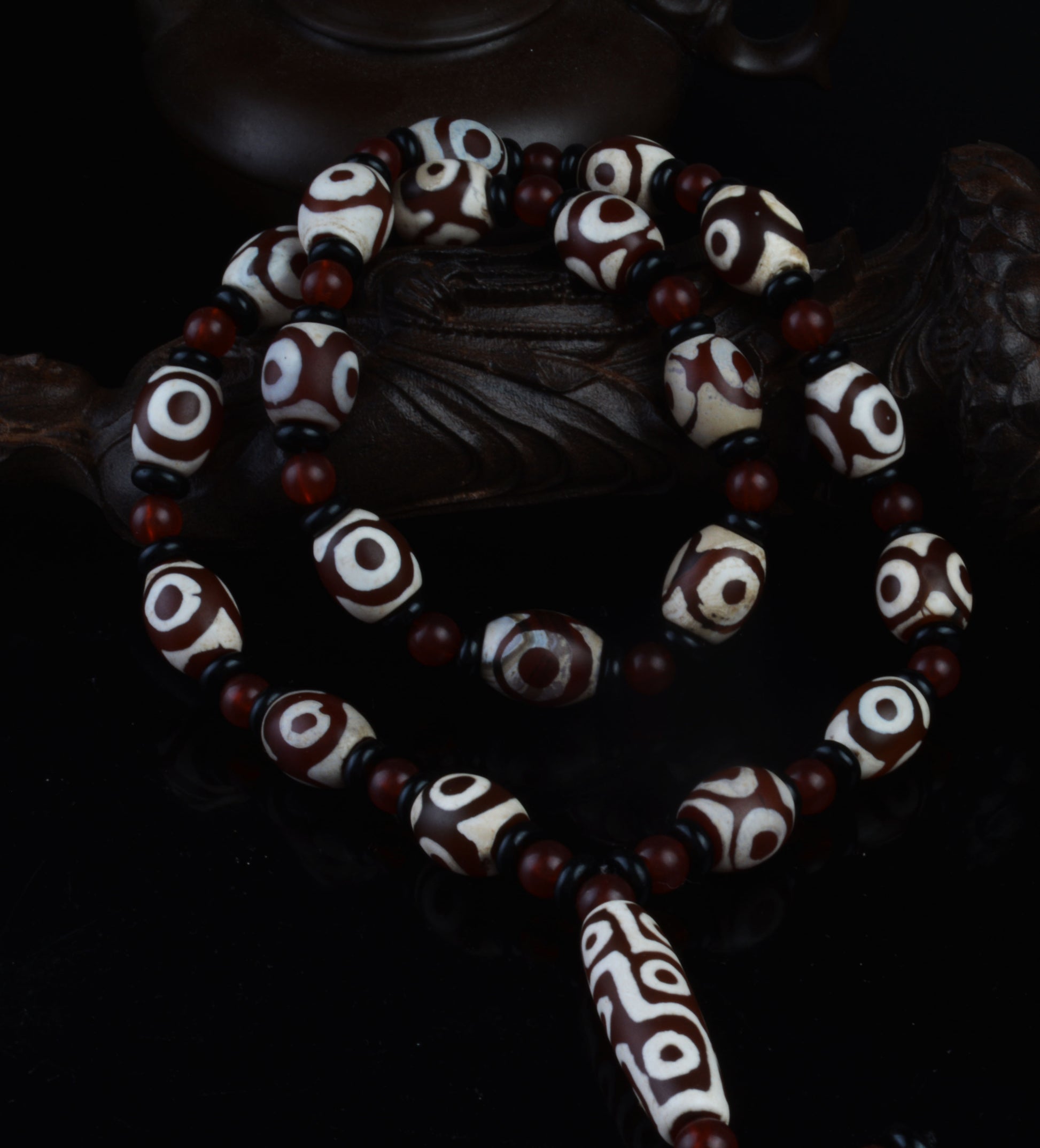 Real Tibetan Old Three Eyes Dzi Bead Amulet Mala Prayer Beads Himalayas Agate Nine Tibet