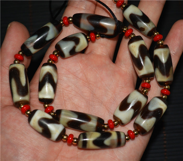 Real Tibetan Old Tiger Tooth Dzi Bead Bracelet Mala Prayer Beads Water Wave Amulet Himalaya Agate Tibet Necklace