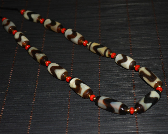 Real Tibetan Old Tiger Tooth Dzi Bead Bracelet Mala Prayer Beads Water Wave Amulet Himalaya Agate Tibet Necklace