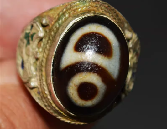 Tibetan Ancient Sun and Moon Dzi Bead Ring Amulet Himalayan Old Antique Real Agate Nepal Pure Gzi Talisman