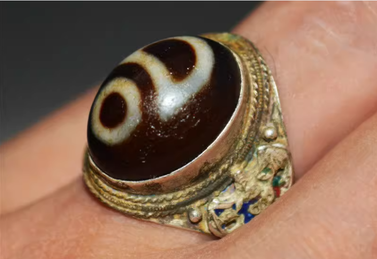 Tibetan Ancient Sun and Moon Dzi Bead Ring Amulet Himalayan Old Antique Real Agate Nepal Pure Gzi Talisman