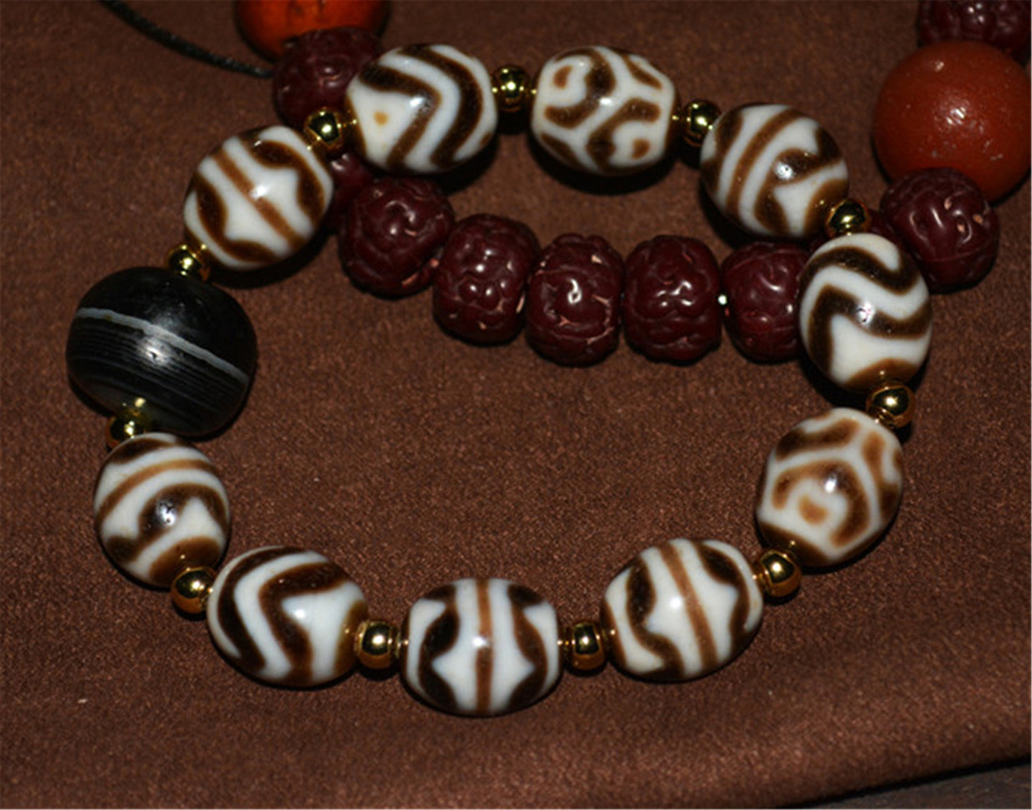 Real Tibetan Ancient Tiger Tooth Dzi Bead Bracelet Amulet Water Wave Zigzag Himalaya Old Antique Genuine Agate Nepal Pure Lotus Gzi Talisman Pendant Mala Prayer Rosary