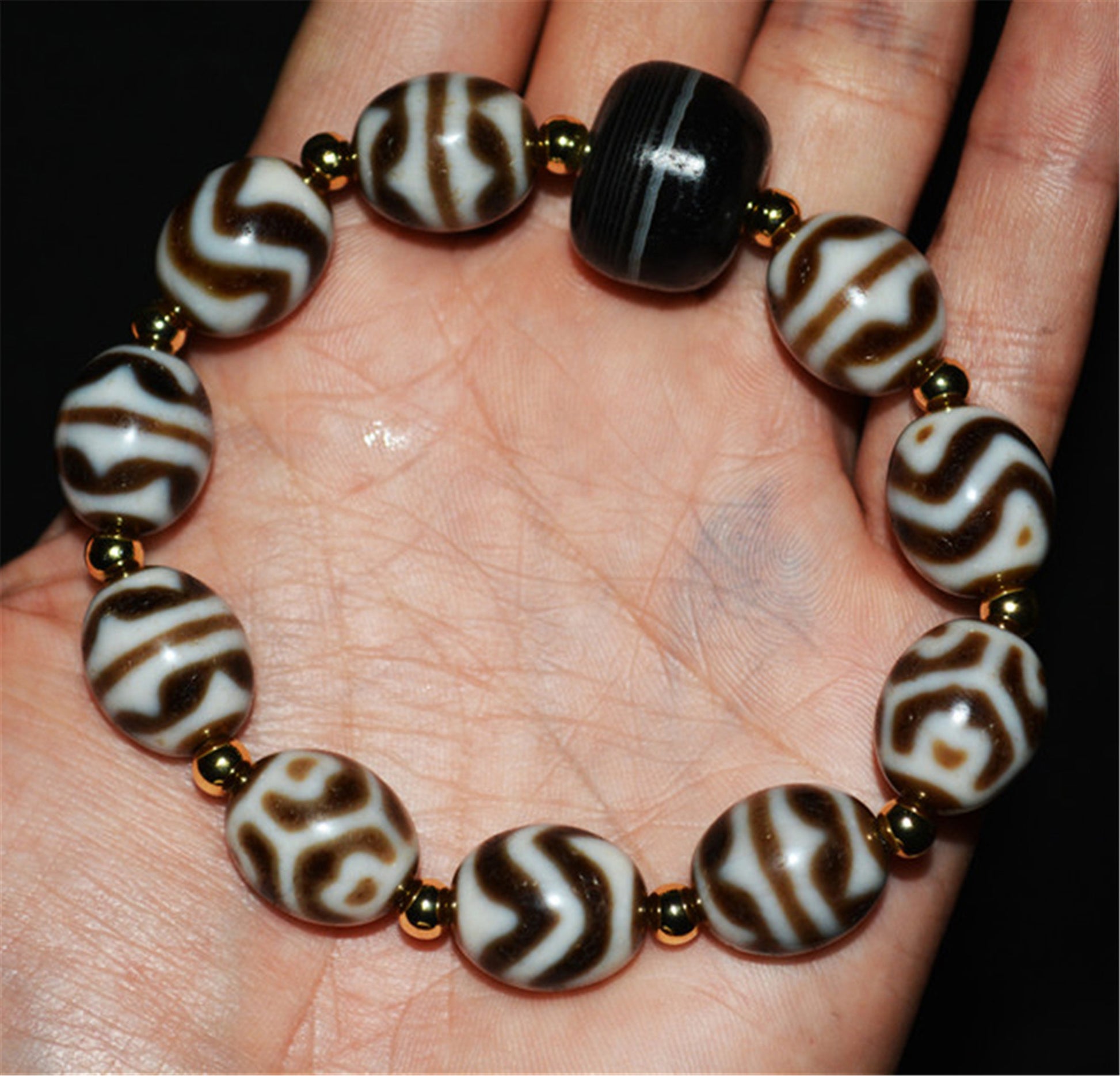 Real Tibetan Ancient Tiger Tooth Dzi Bead Bracelet Amulet Water Wave Zigzag Himalaya Old Antique Genuine Agate Nepal Pure Lotus Gzi Talisman Pendant Mala Prayer Rosary