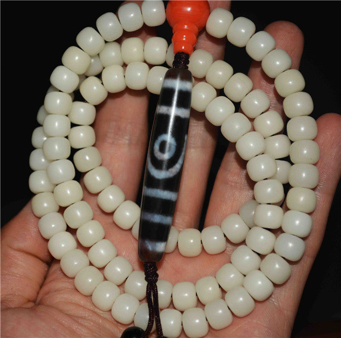 Tibetan Bodhi Seeds Mala Prayer Beads Two Eyes Dzi Bead Amulet 108 Rosary Himalayas