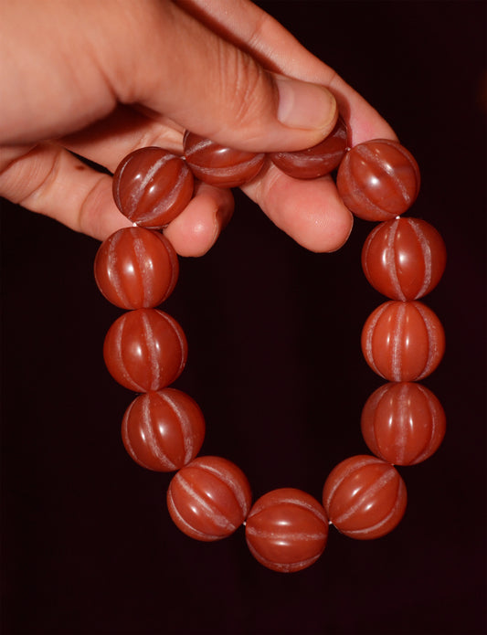 Tibetan Old Antique Pema Raka Nanhong Agate Bracelet Mala Prayer Beads Himalayan Carnelian Melon Pumpkin Rosary  Genuine Worry Amulet