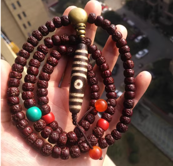 Tibetan Old Antique Rudraksha Bodhi Seeds Bracelet Mala Prayer Beads 108 Rosary Himalayas Two Eyes Dzi