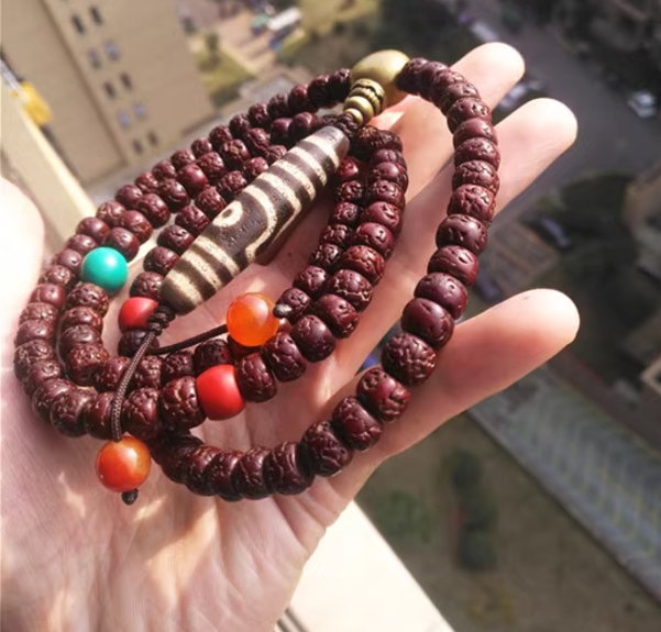 Tibetan Old Antique Rudraksha Bodhi Seeds Bracelet Mala Prayer Beads 108 Rosary Himalayas Two Eyes Dzi