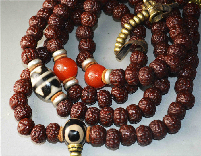 Tibetan Old Antique Rudraksha Bodhi Seeds Mala Prayer Beads 108 Rosary Himalayas Tiger Tooth Dzi Bead Amulet