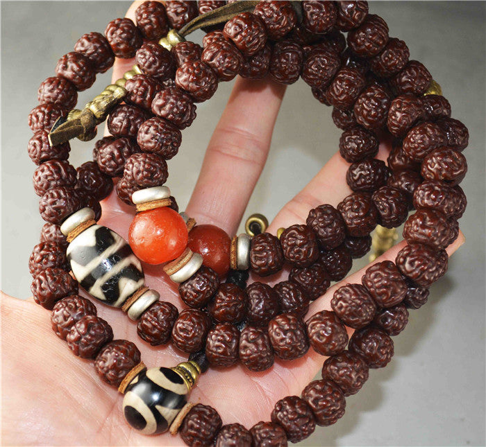 Tibetan Old Antique Rudraksha Bodhi Seeds Mala Prayer Beads 108 Rosary Himalayas Tiger Tooth Dzi Bead Amulet