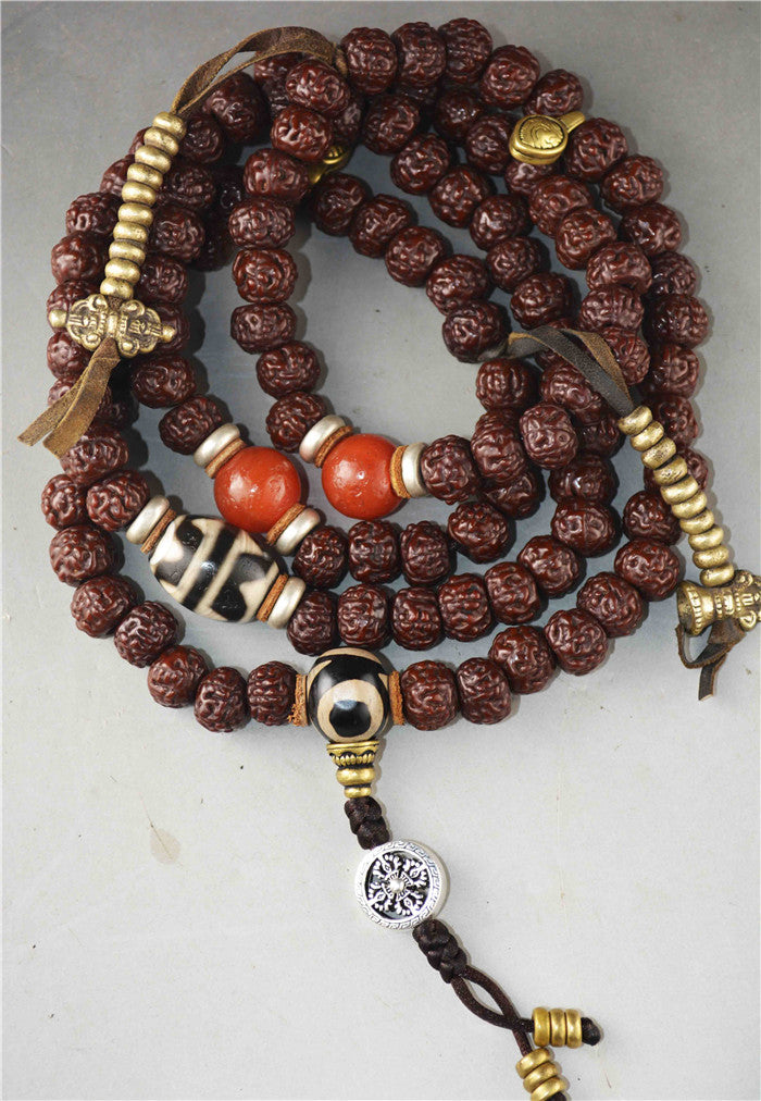 Tibetan Old Antique Rudraksha Bodhi Seeds Mala Prayer Beads 108 Rosary Himalayas Tiger Tooth Dzi Bead Amulet