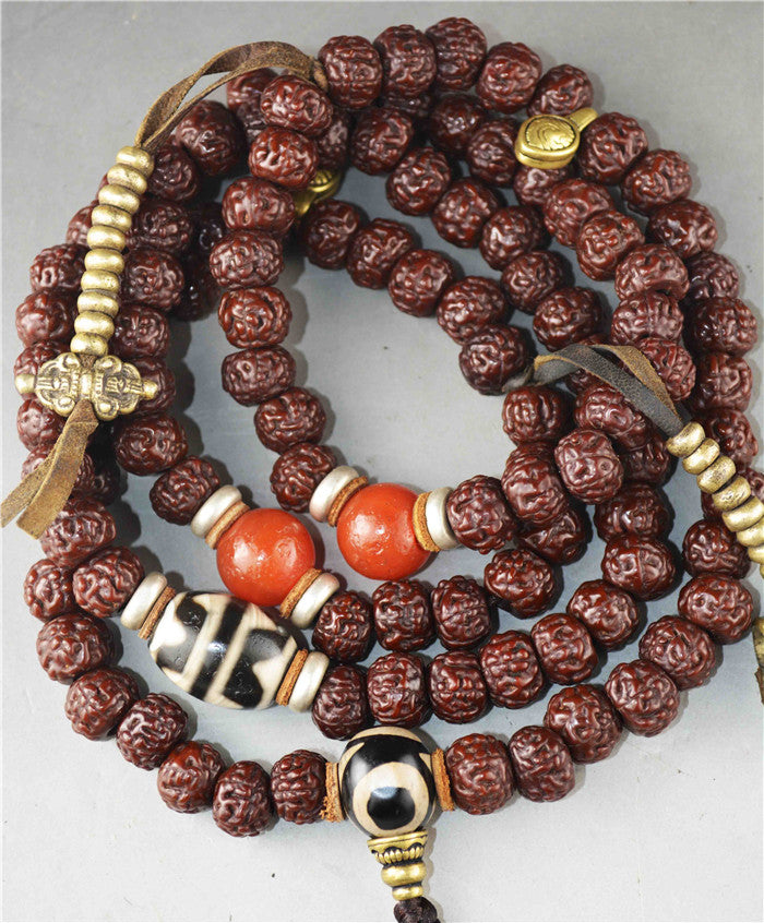 Tibetan Old Antique Rudraksha Bodhi Seeds Mala Prayer Beads 108 Rosary Himalayas Tiger Tooth Dzi Bead Amulet