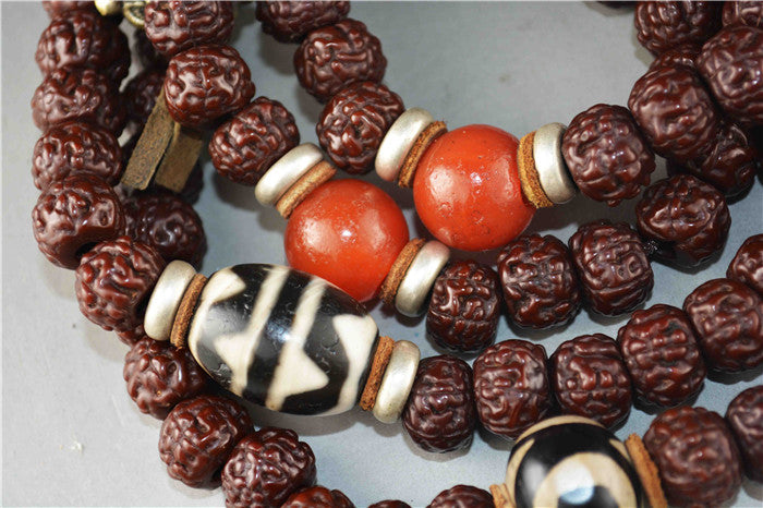 Tibetan Old Antique Rudraksha Bodhi Seeds Mala Prayer Beads 108 Rosary Himalayas Tiger Tooth Dzi Bead Amulet