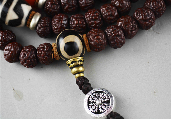 Tibetan Old Antique Rudraksha Bodhi Seeds Mala Prayer Beads 108 Rosary Himalayas Tiger Tooth Dzi Bead Amulet