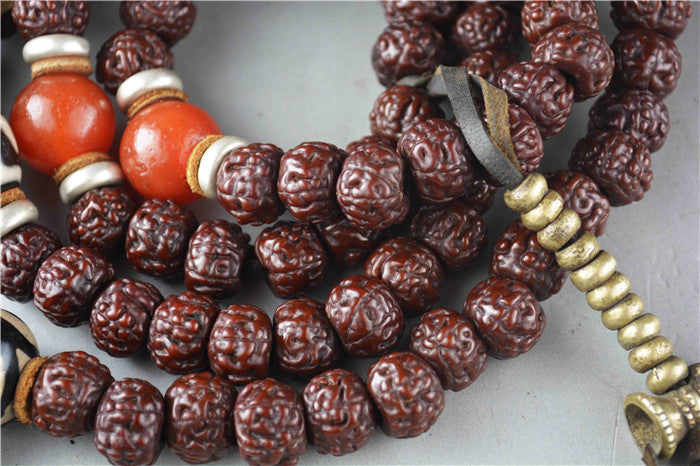 Tibetan Old Antique Rudraksha Bodhi Seeds Mala Prayer Beads 108 Rosary Himalayas Tiger Tooth Dzi Bead Amulet