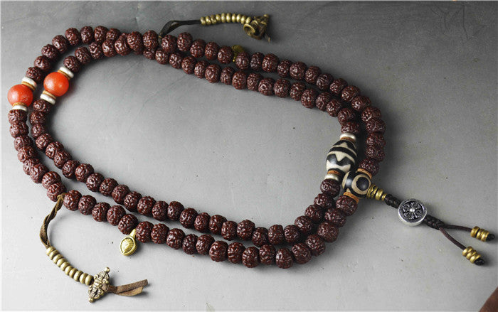 Tibetan Old Antique Rudraksha Bodhi Seeds Mala Prayer Beads 108 Rosary Himalayas Tiger Tooth Dzi Bead Amulet