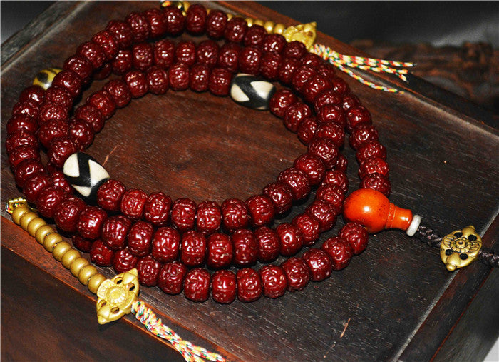 Tibetan Old Antique Rudraksha Bodhi Seeds Mala Prayer Beads Tiger Tooth Dzi Bead Amulet 108 Rosary Himalayan