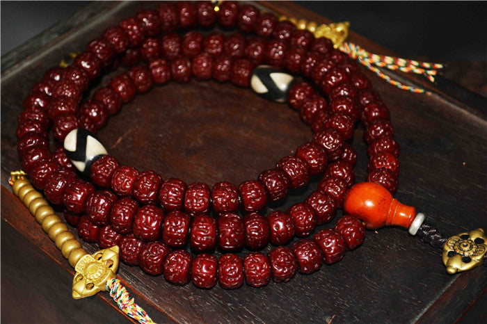 Tibetan Old Antique Rudraksha Bodhi Seeds Mala Prayer Beads Tiger Tooth Dzi Bead Amulet 108 Rosary Himalayan